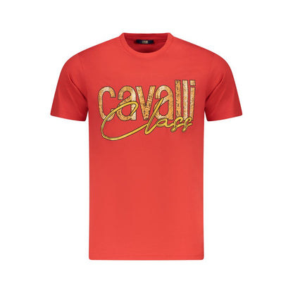 Cavalli Class Red Cotton Men T-Shirt with bold logo print, short sleeve, crew neck, trendsetting fashion for the style-conscious man.