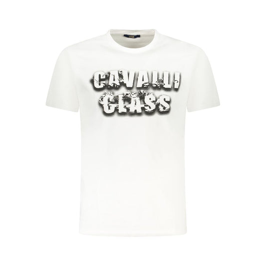 Cavalli Class White Cotton Men T-Shirt with bold print and logo, short-sleeve crew neck tee for casual luxury and comfort.