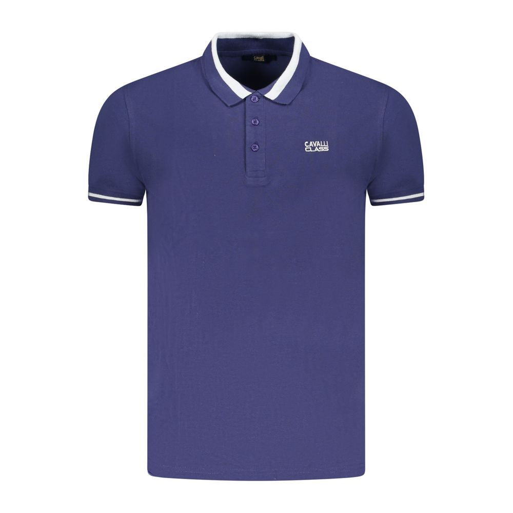 Cavalli Class Blue Cotton Men Polo Shirt with short sleeves, three-button finish, and contrasting details for stylish comfort.