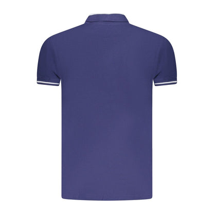 Back view of Cavalli Class Blue Cotton Men Polo Shirt with contrasting sleeve details.