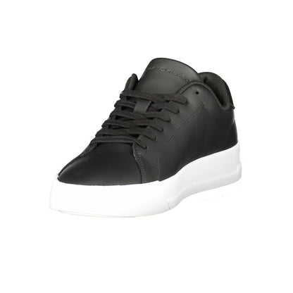 Tommy Hilfiger Black Leather Men Sneaker with white sole, showcasing bold elegance and athletic style.