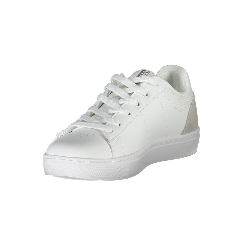 Napapijri White Leather Women Sneaker with striking details, ideal for style-savvy athletes seeking high-fashion sports footwear.