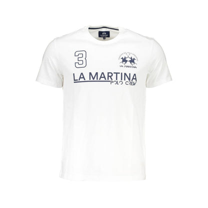 Alt Tag: La Martina White Cotton Men T-Shirt with crew neck and logo print, perfect for contemporary fashion.