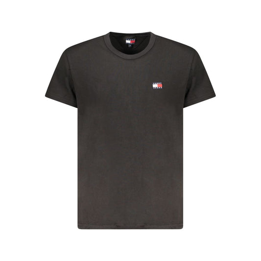 Tommy Hilfiger Black Cotton Men T-Shirt with embroidered logo, short sleeves, and crew neck on white background.