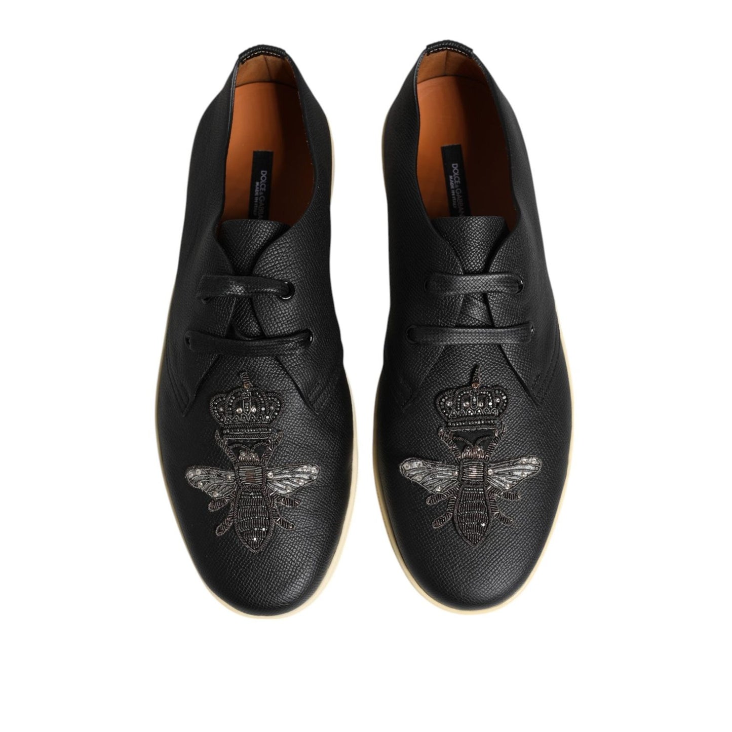 Dolce & Gabbana Black Leather Bee Crown Low Top Sneakers Shoes MV7320-42