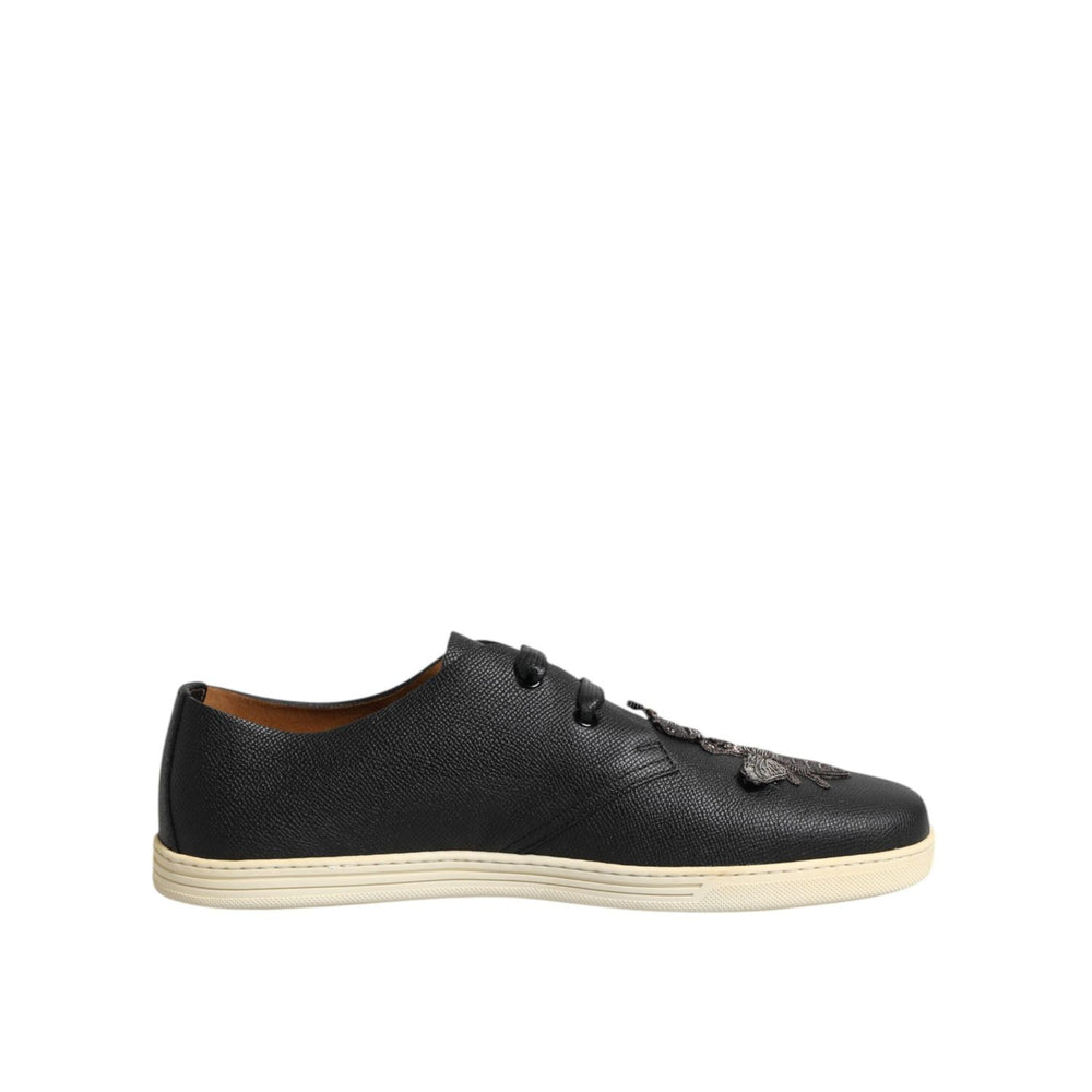 Dolce & Gabbana Black Leather Bee Crown Low Top Sneakers Shoes MV7320-42
