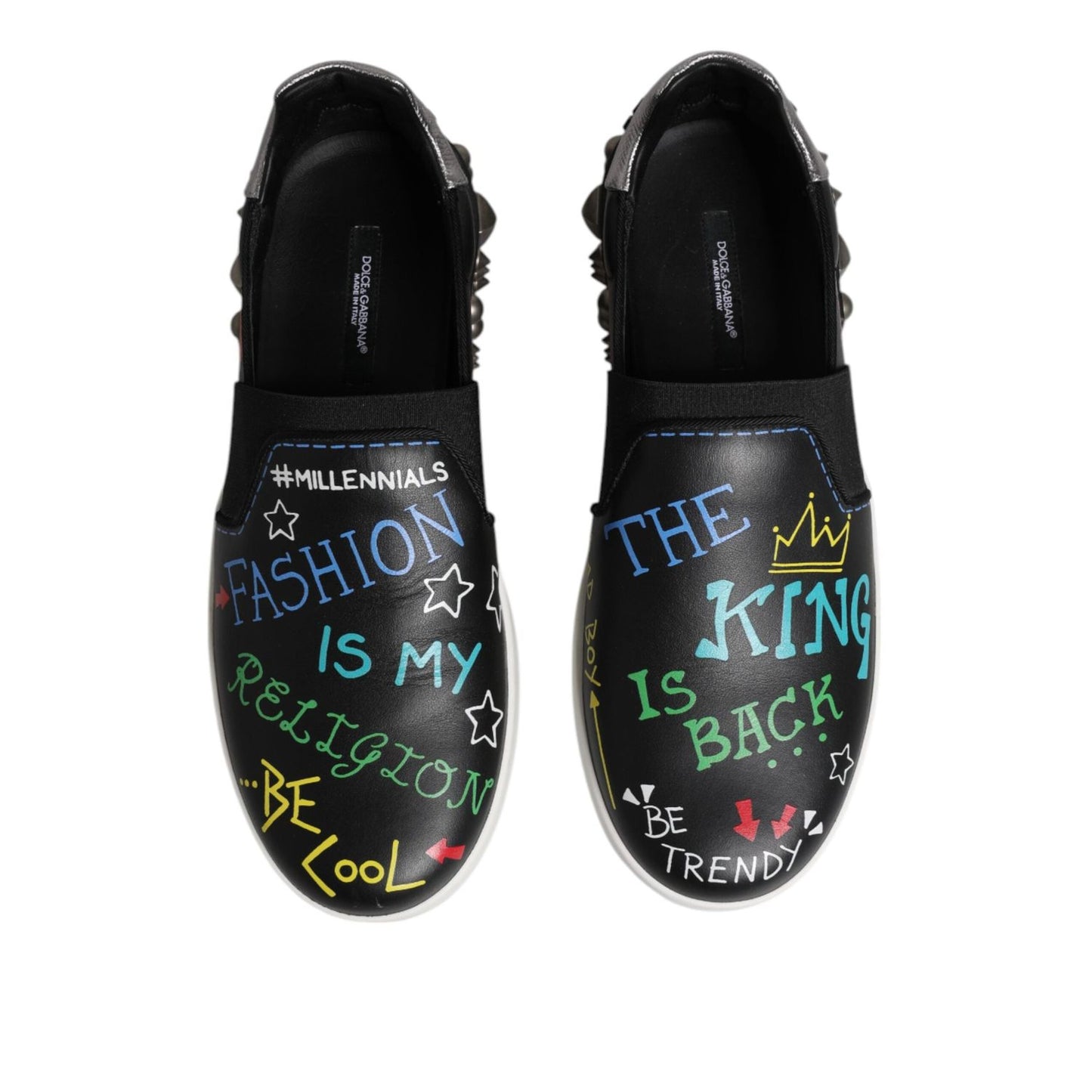 Dolce & Gabbana Black Leather Studded Graffiti Sneakers Shoes MV7322-40