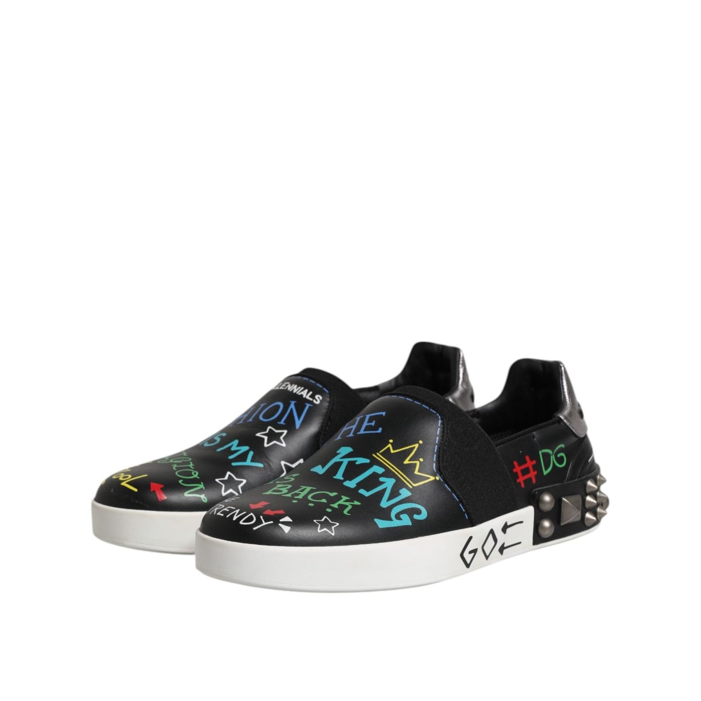 Dolce & Gabbana Black Leather Studded Graffiti Sneakers Shoes MV7322-40