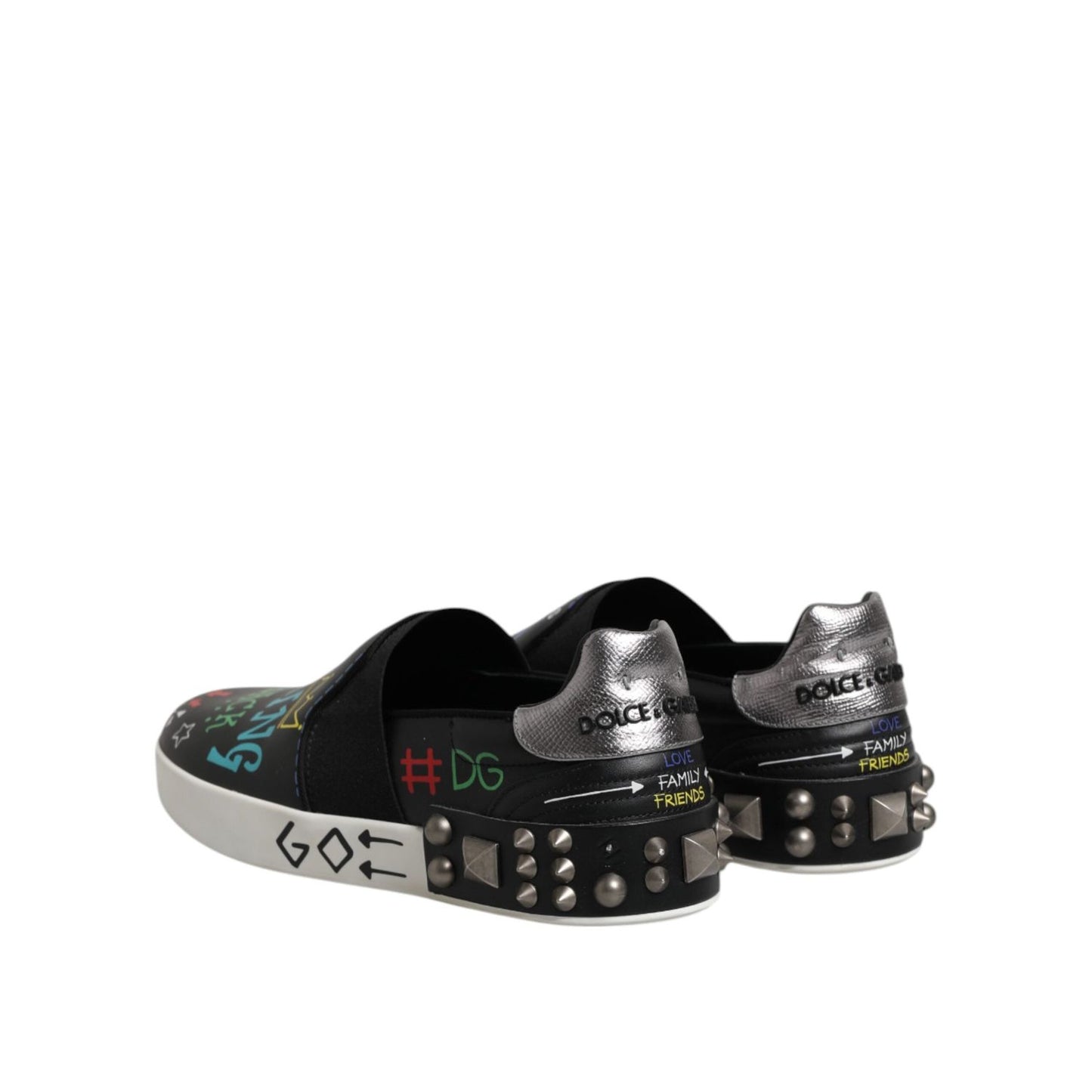 Dolce & Gabbana Black Leather Studded Graffiti Sneakers Shoes MV7322-40