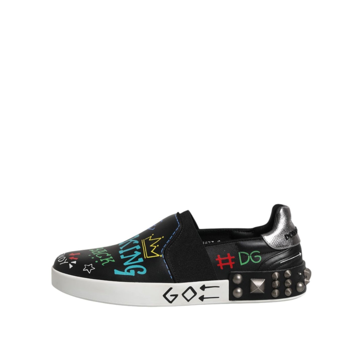 Dolce & Gabbana Black Leather Studded Graffiti Sneakers Shoes MV7322-40