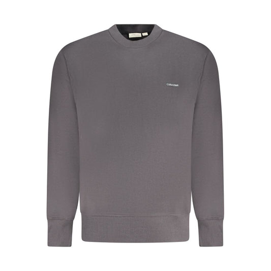 Calvin Klein Black Cotton Men Sweater with logo on a gray background, showcasing sleek style and sustainability.