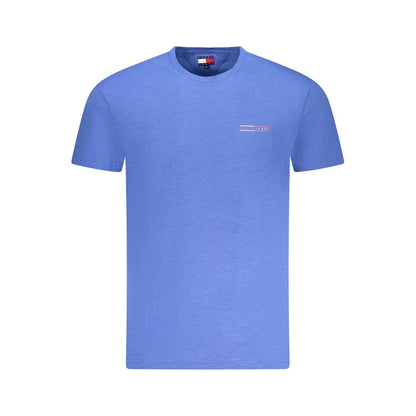 Tommy Hilfiger Blue Cotton Men T-Shirt, short sleeve, crew neck, sustainable cotton, iconic Tommy logo on blue fabric.