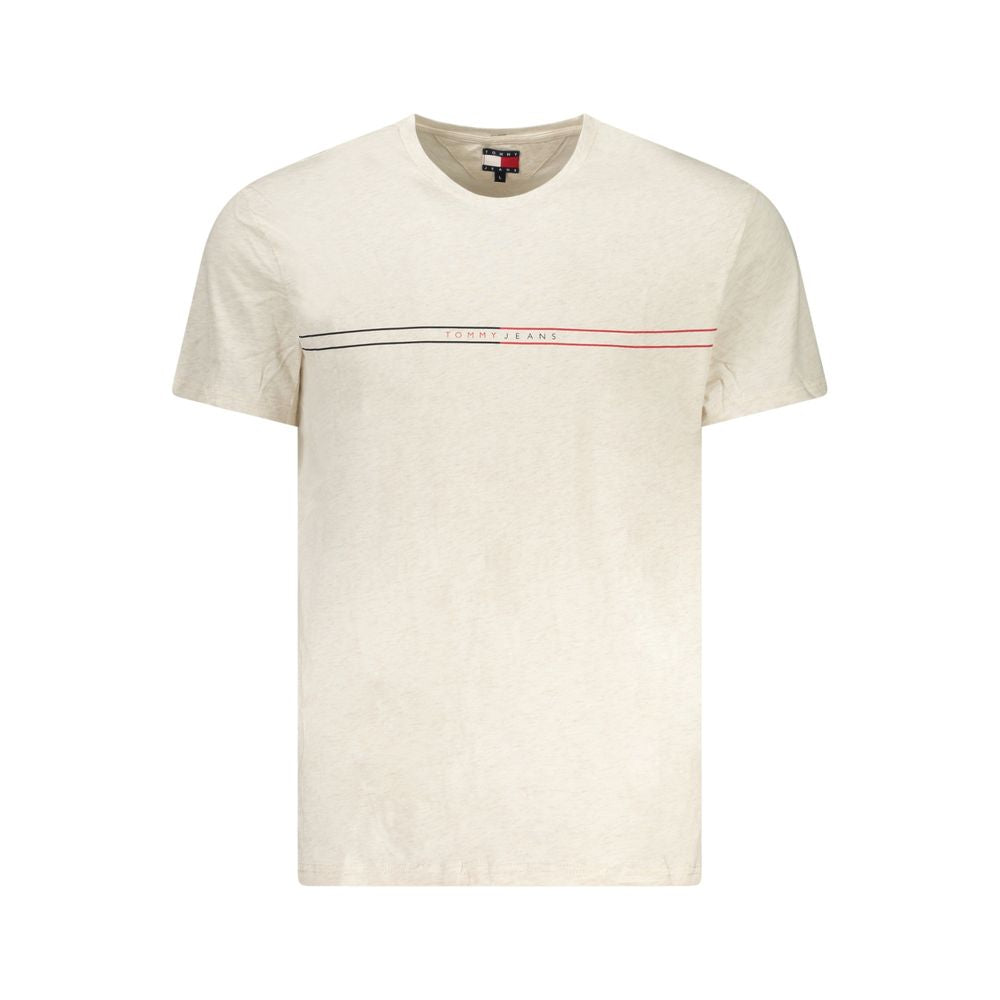 Tommy Hilfiger Beige Cotton Men T-Shirt with short sleeves, crew neck, and logo on chest, made from 95% regenerative cotton.