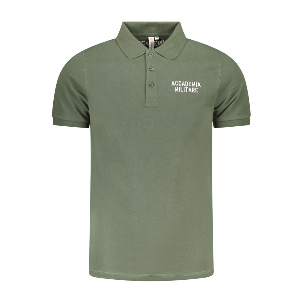Accademia Militare Green Cotton Polo Shirt with contrast logo and 3 buttons, short sleeve for casual style.