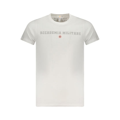 Alt Tag: Accademia Militare White Cotton T-Shirt with logo, short sleeve, crew neck, and extended academy print, ideal for casual wear.