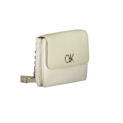 Calvin Klein Beige Polyester Handbag with chain handle, adjustable shoulder strap, logo, and swivel closure. Stylish and eco-friendly design.