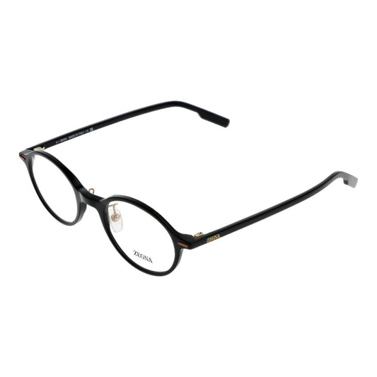 Ermenegildo Zegna Black Men Glasses Frame in full-rim plastic, round style, lightweight, designed for men, includes branded case.