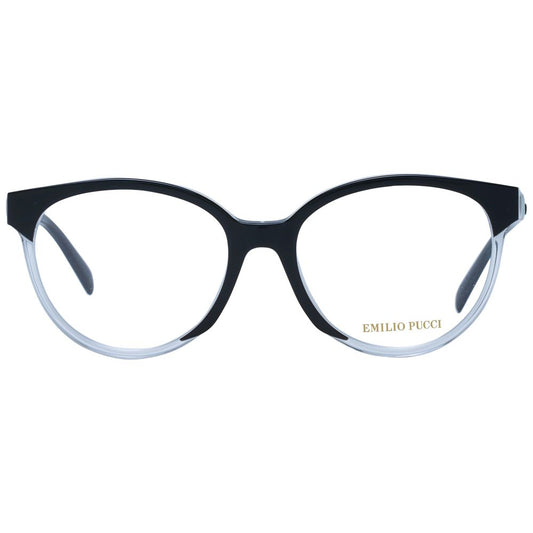 Emilio Pucci Black Women Glasses Frame, full-rim plastic round design with demo lenses, size 53-17-140, includes branded case.