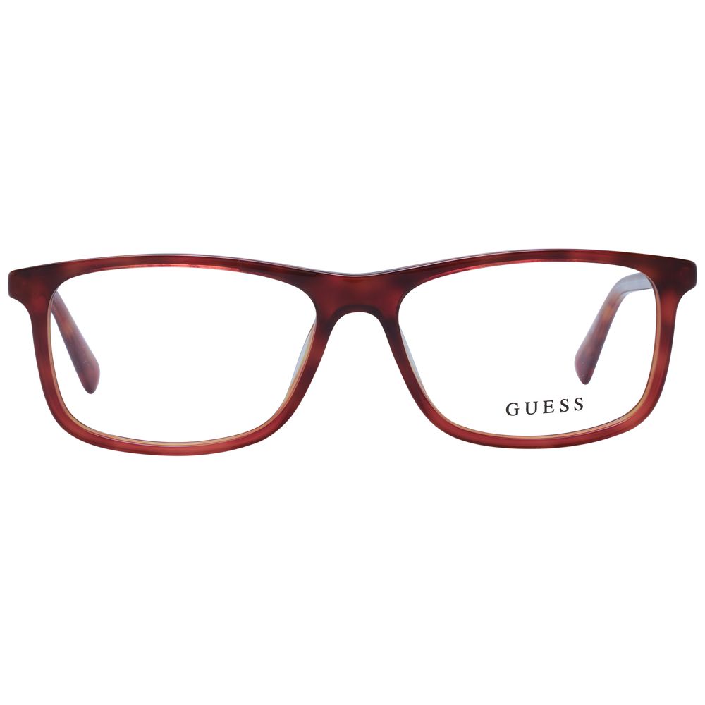 Guess Brown Men Glasses Frame in acetate with full-rim rectangle style, demo lenses, and branded case included.