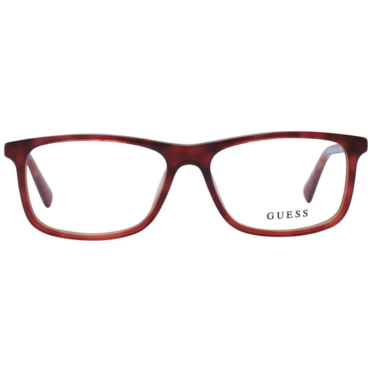 Guess Brown Men Glasses Frame in acetate with full-rim rectangle style, demo lenses, and branded case included.