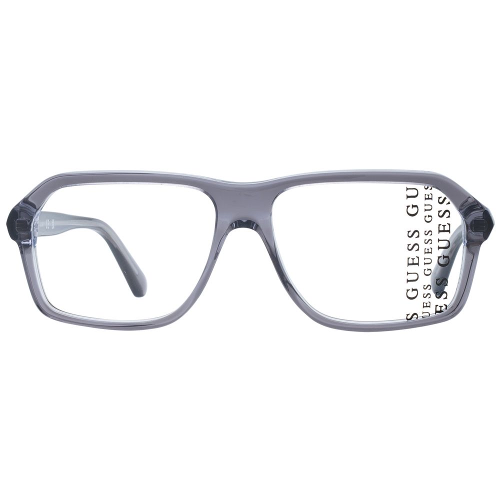 Guess Gray Men Glasses Frame - Grey full-rim plastic eyeglasses with branded case, rectangle style, 55-14-145 size.