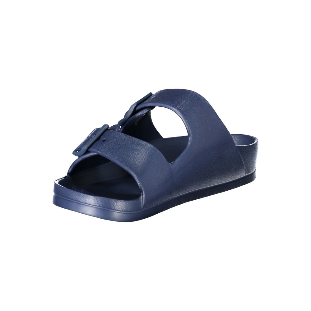 Norway 1963 Blue Plastic Men Sandal with adjustable buckles and logo, showcasing summer style and sophistication in vivid blue.