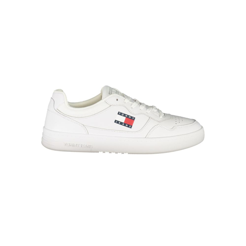 Tommy Hilfiger White Leather Mens Sneaker with logo, sporty lace-up design, comfortable footbed, perfect for modern fashion and style.