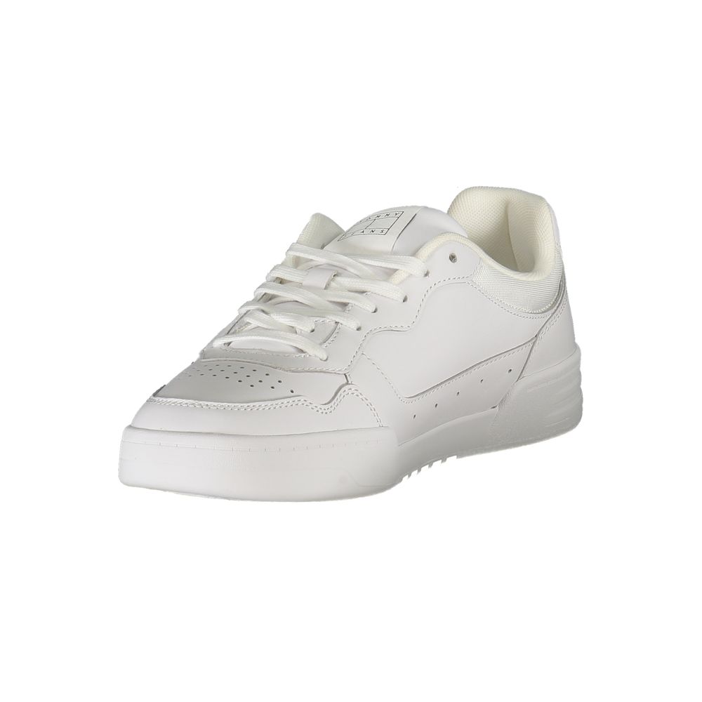 Tommy Hilfiger White Leather Mens Sneaker with lace-up design and brand logo, offering modern comfort with removable footbed.