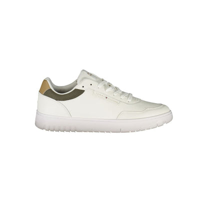 Tommy Hilfiger White Leather Men Sneaker with green and beige contrast, featuring a removable insole and iconic brand logo.