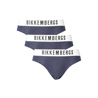 Alt Tag: Bikkembergs Blue Cotton Underwear tri-pack with elastic waistband and logo print for elegance and comfort.