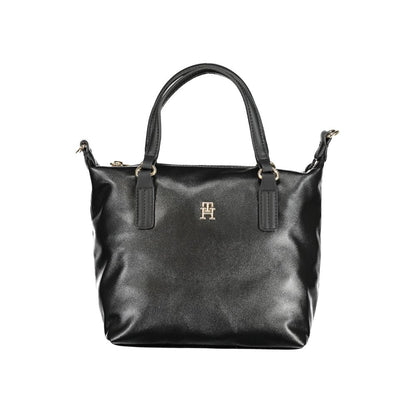 Tommy Hilfiger Black Polyester Handbag with two handles, adjustable removable shoulder strap, internal pocket, zip closure, and logo.
