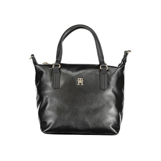 Tommy Hilfiger Black Polyester Handbag with two handles, adjustable shoulder strap, internal pocket, and zip closure
