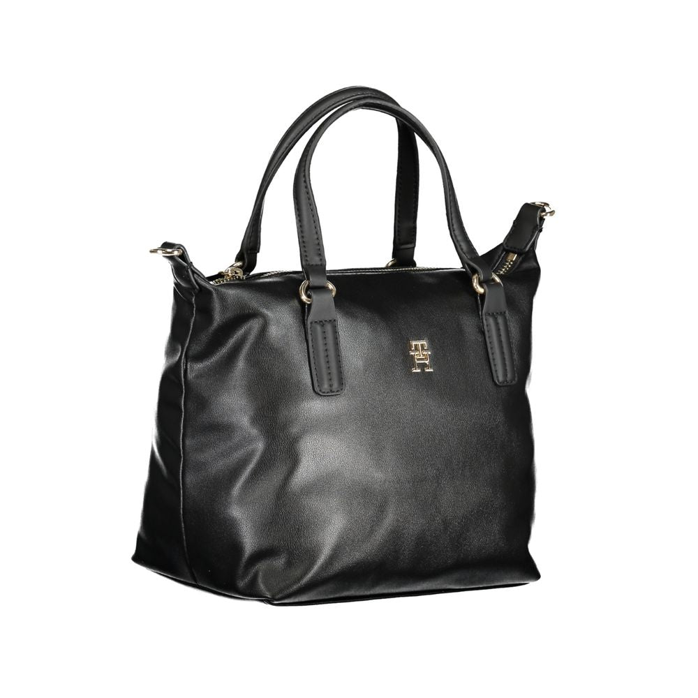Tommy Hilfiger Black Polyester Handbag with handles, adjustable strap, internal pocket, zip closure, and logo.