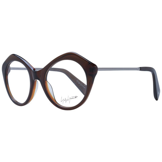 Yohji Yamamoto Brown Unisex Glasses Frame, round full-rim acetate with demo lenses, size 51-20-140, includes branded soft case.