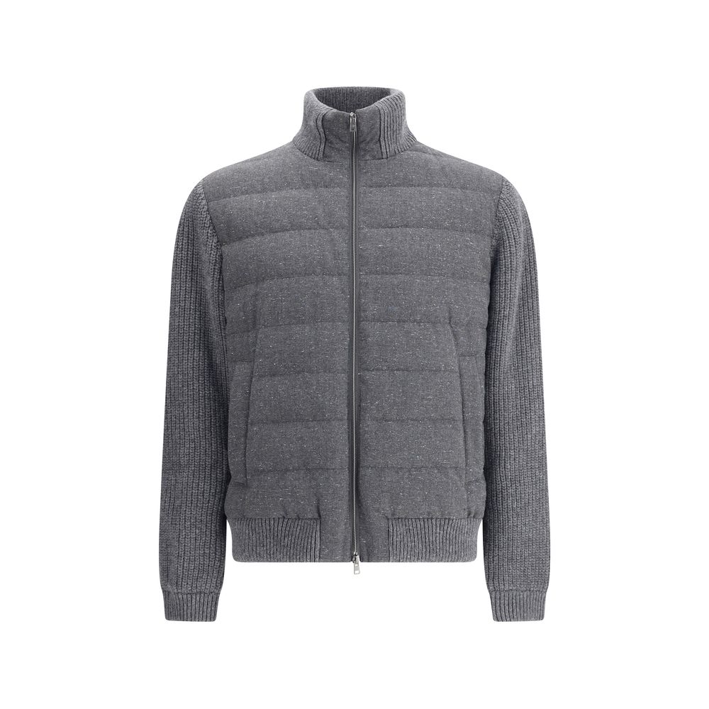 Herno Gray Wool Bomber with mélange pattern, high collar, double-slider zipper, and ribbed accents for a refined casual look.