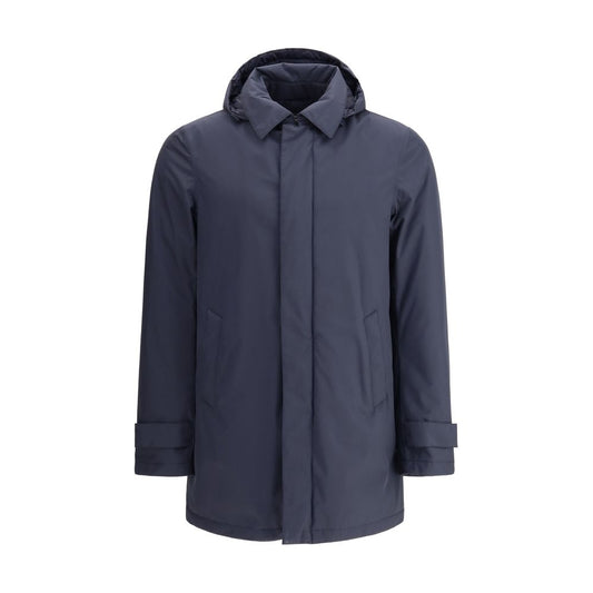 Herno Blue Goose Down Coat with removable hood and front closure, perfect for cold weather protection.