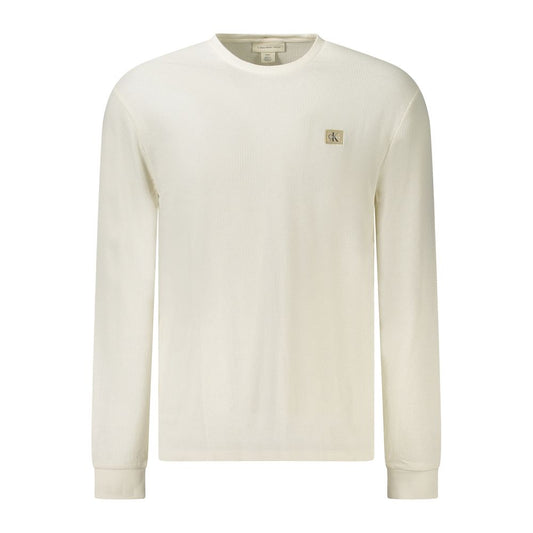 Calvin Klein White Cotton Men Sweater featuring long sleeves, iconic logo, and elegant design for modern trendsetters.