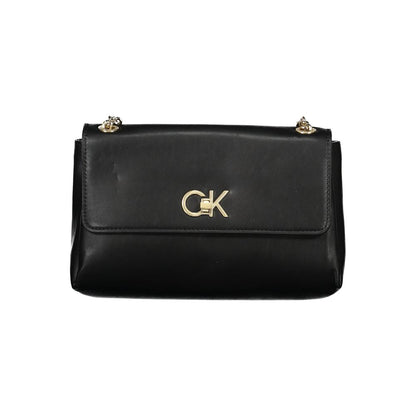 Calvin Klein Black Polyester Handbag with chain handles, external pocket, contrasting details, and swivel closure.