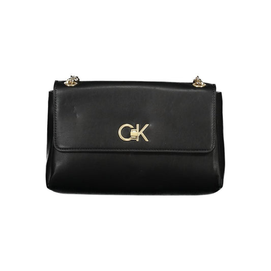 Calvin Klein Black Polyester Handbag with gold chain handles and logo, featuring swivel closure and multiple pockets.