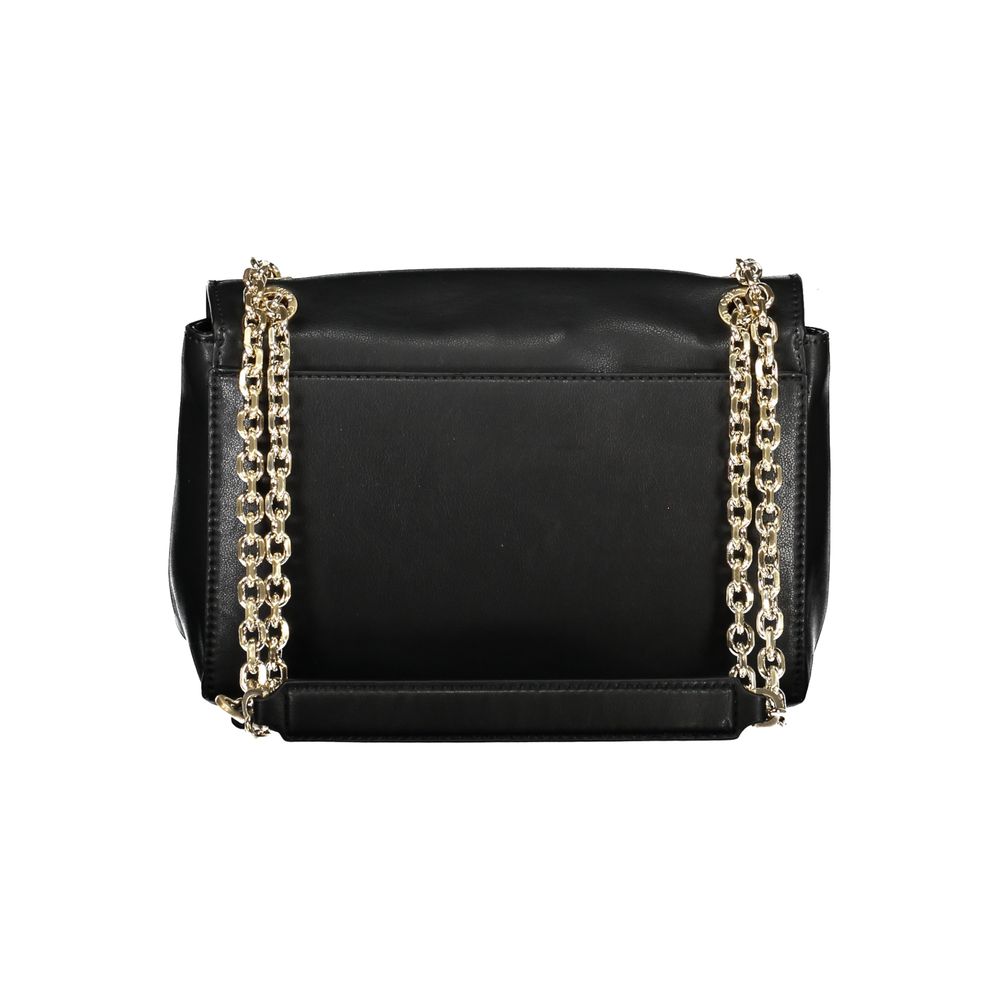 Calvin Klein Black Polyester Handbag with chain shoulder handles and external pocket.