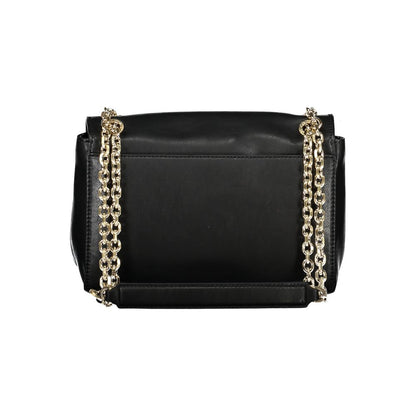 Calvin Klein Black Polyester Handbag with chain shoulder handles and external pocket.