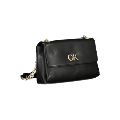 Calvin Klein Black Polyester Handbag with chain shoulder handles and logo, featuring external pocket and contrasting details.
