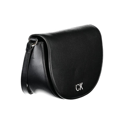 Calvin Klein Black Polyethylene Handbag with adjustable shoulder strap, internal card pocket, and magnetic closure, featuring CK logo.