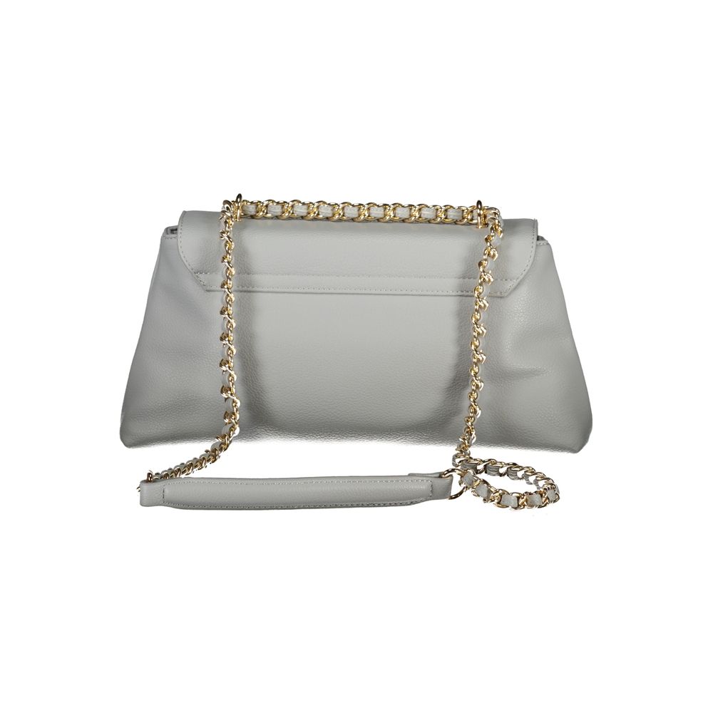 Mario Valentino Gray Polyethylene Handbag with chain shoulder strap and logo, featuring internal pocket and phone spaces.