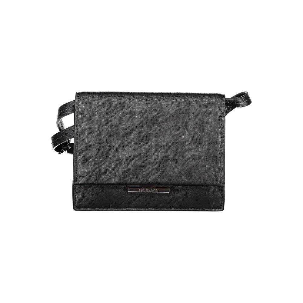 Calvin Klein Black Polyethylene Handbag with adjustable strap, 3 internal compartments, and logo, featuring snap closure.