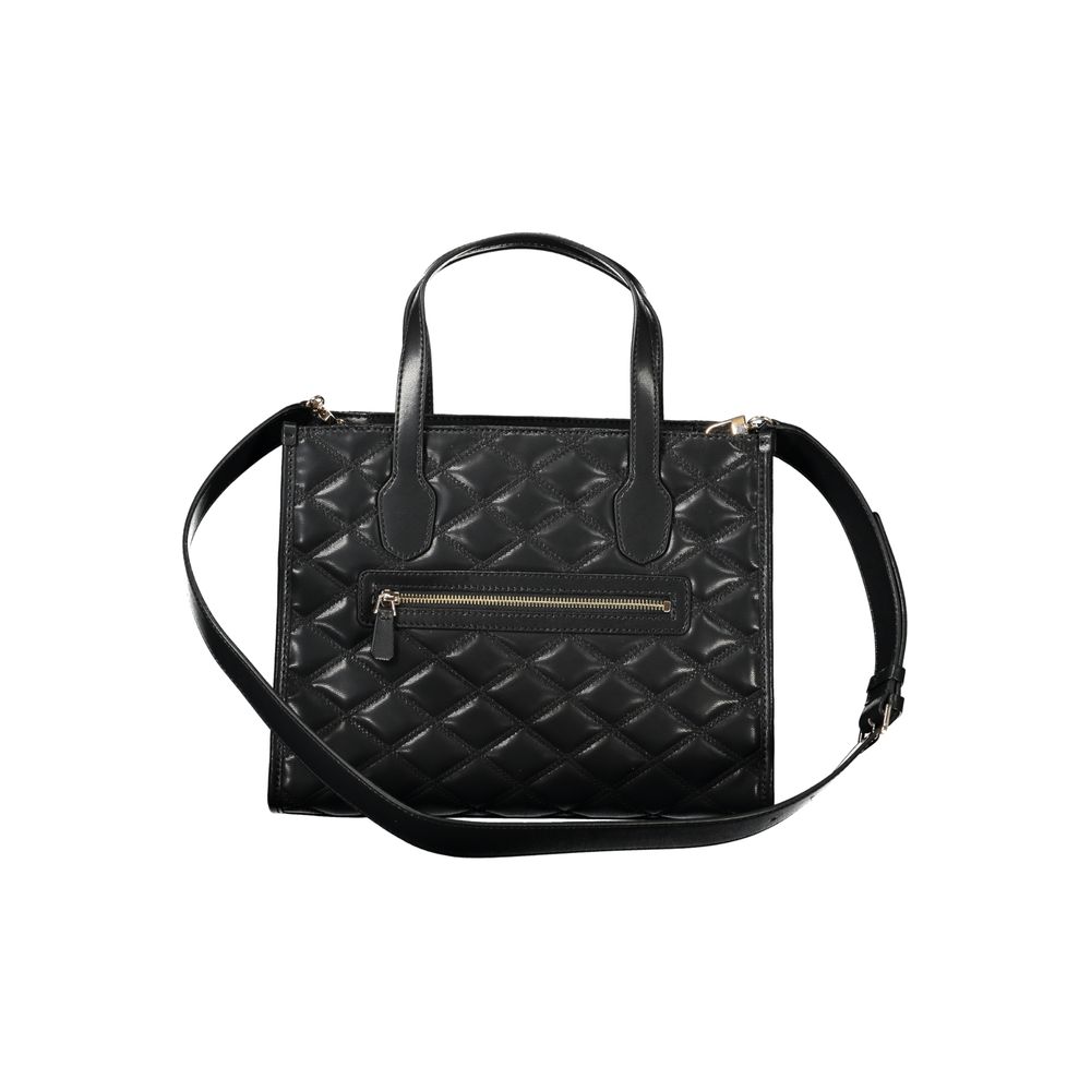 Guess Jeans Black Polyethylene Handbag with quilted design, adjustable strap, zip closure, and external pocket.