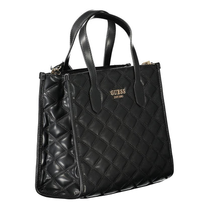 Guess Jeans Black Polyethylene Handbag with quilted design, two handles, adjustable strap, external pocket, and logo detailing.