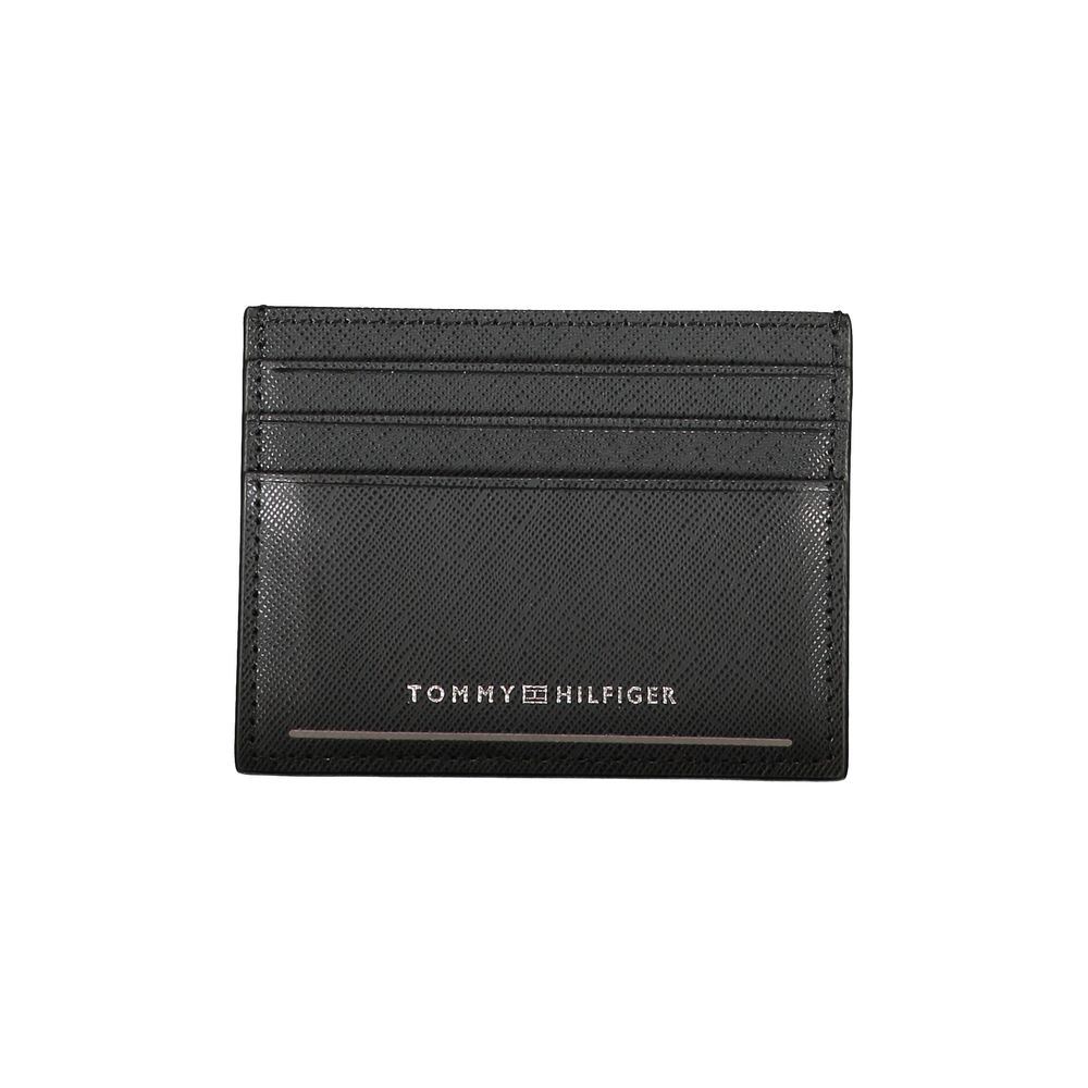 Tommy Hilfiger Black Leather Wallet with card holder, central pocket, contrast details, and logo