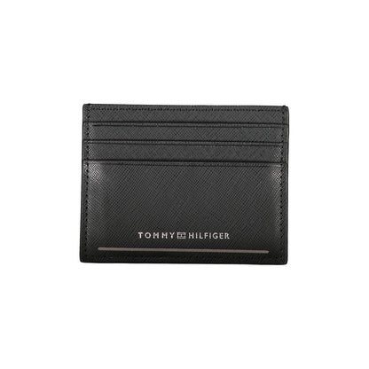 Tommy Hilfiger Black Leather Wallet with card holder, central pocket, contrast details, and logo