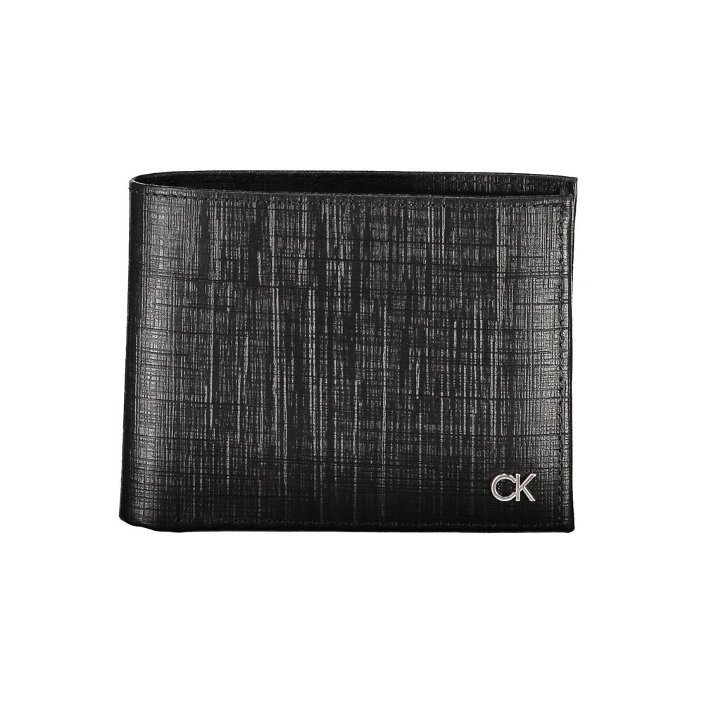 Calvin Klein Black Leather Wallet with coin purse, card slots, contrast details, RFID blocking, and logo.